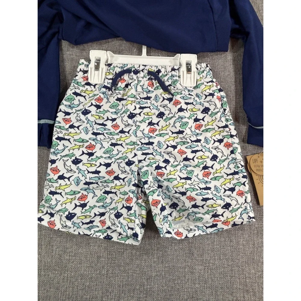 WONDERLUXE Rash Guard Hoodie and Swim Trunks Set Shark Navy Blue UPF 50+ Boys 4T